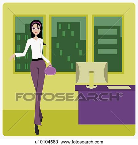Portrait of a businesswoman holding a hand bag in an office View Large Illustration Drawing - Portrait of a businesswoman holding a hand bag in an office. Fotosearch