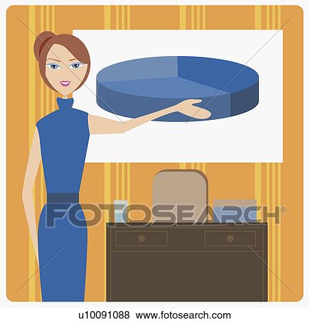 Stock Illustration - Portrait of a businesswoman pointing to a pie chart. Fotosearch