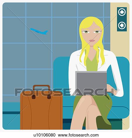 Clipart - Portrait of a businesswoman sitting in airport and using a laptop. Fotosearch