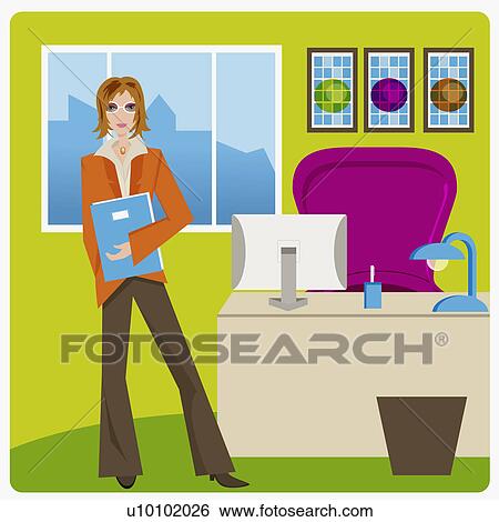 Stock Illustration - Portrait of a businesswoman standing and holding a file in an office. Fotosearch