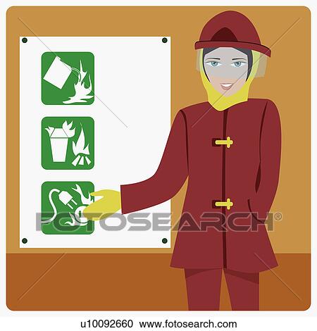 Clipart - Portrait of a female firefighter standing beside a sign board. Fotosearch