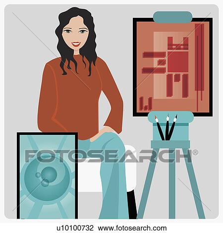 Drawing - Portrait of a female painter sitting beside her paintings. Fotosearch