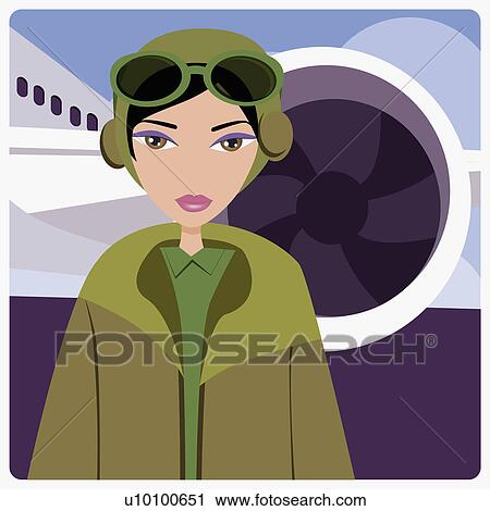 Portrait of a female pilot standing in front of an airplane View Large Illustration Clip Art - Portrait of a female pilot standing in front of an airplane. Fotosearch