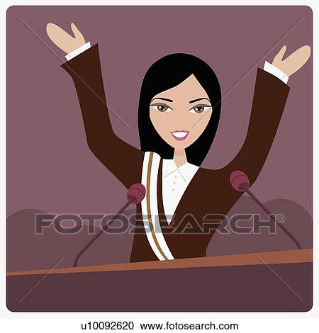 Clipart - Portrait of a female politician on a lectern. Fotosearch