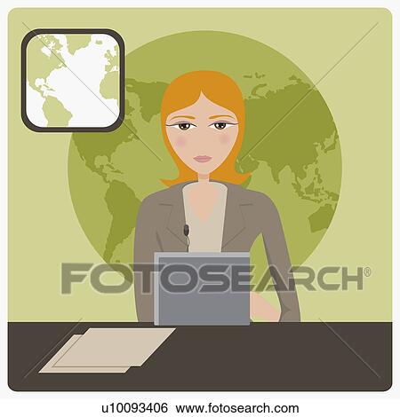 Portrait of a newscaster using a laptop View Large Illustration Stock Illustration - Portrait of a newscaster using a laptop. Fotosearch