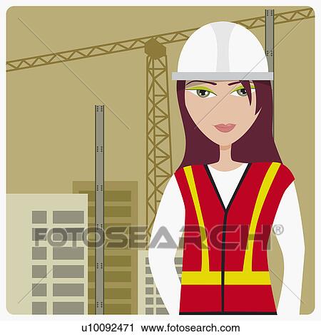 Clip Art - Portrait of a young woman at a construction site. Fotosearch