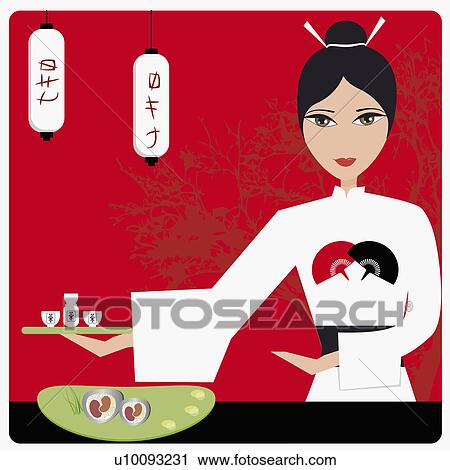 Clip Art - Portrait of a young woman holding tea cups on a serving tray at tea ceremony. Fotosearch