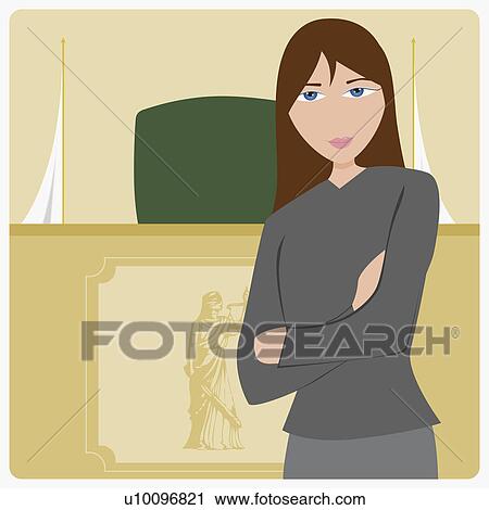 Clip Art - Portrait of a young woman standing in a courtroom. Fotosearch