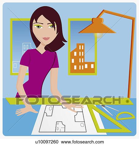 Clipart - Portrait of a young woman standing near a table. Fotosearch
