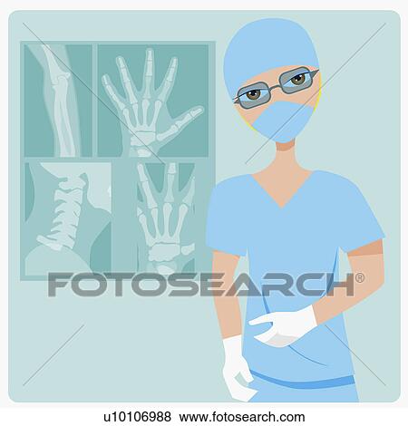 Stock Illustration - Portrait of a young woman standing near x-rays. Fotosearch