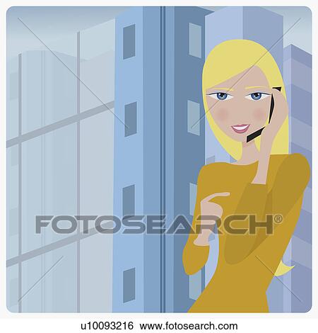 Stock Illustration - Portrait of a young woman talking on a mobile phone. Fotosearch