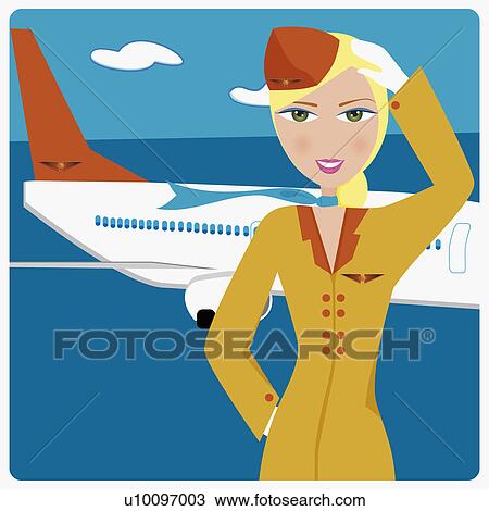 Drawing - Portrait of an air hostess standing in front of an airplane. Fotosearch
