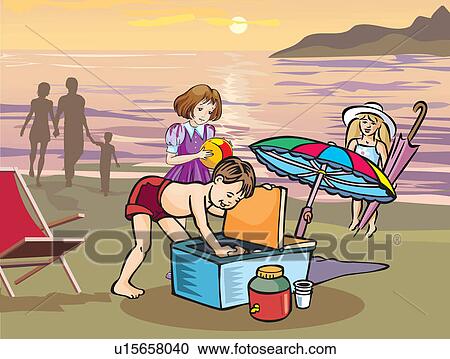 Clipart - Children having picnic on beach . Fotosearch
