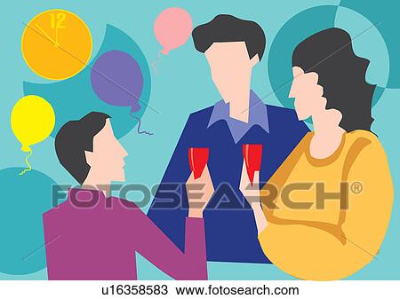 Drawing - Family having drink while enjoying party. Fotosearch