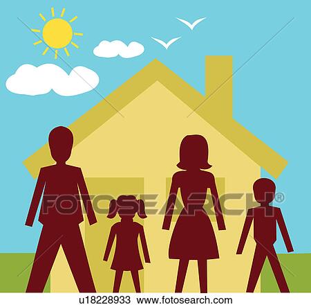 Family standing in front of a house View Large Illustration Drawing - Family standing in front of a house . Fotosearch