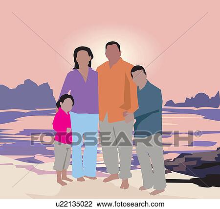 Drawing - Family standing on beach. Fotosearch