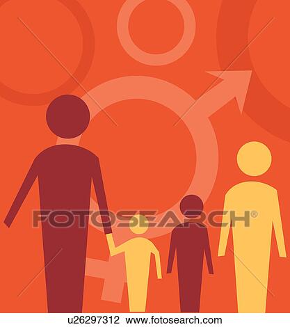 Family standing with male female sign View Large Illustration Drawing - Family standing with male female sign . Fotosearch