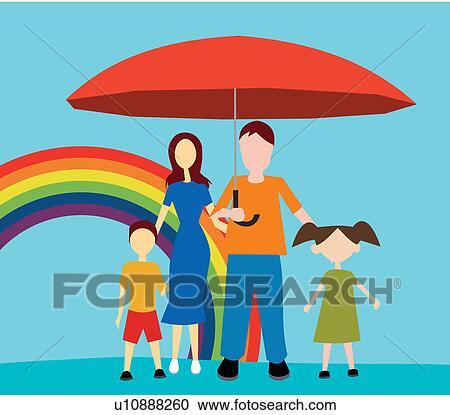 Clipart - Front view of family standing with umbrella . Fotosearch