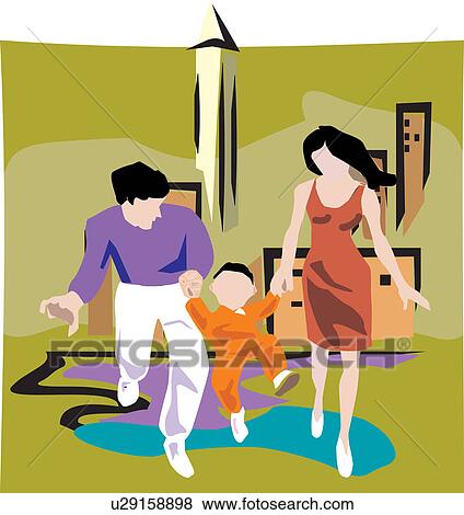 Stock Illustration - Parents carrying their child with building in background. Fotosearch