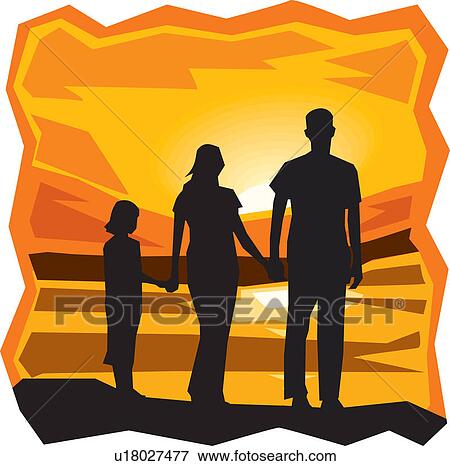 Stock Illustration - Rear view of family standing by the sea at sunset. Fotosearch