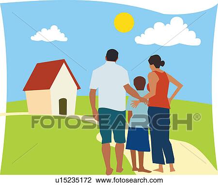 Drawing - Rear view of family standing together. Fotosearch