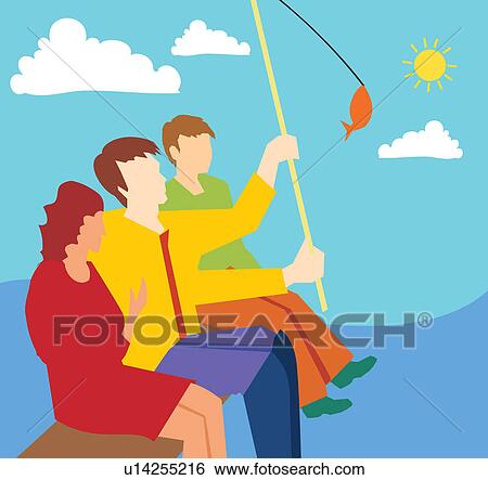Stock Illustration - Side view of family fishing together. Fotosearch