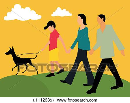 Stock Illustration - Side view of family walking with their pet. Fotosearch