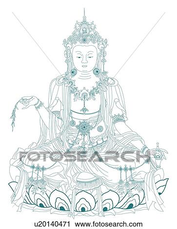 Clip Art - Avalokitesvara sitting on a lotus flower, holding a willow branch. Fotosearch