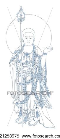 Stock Illustration - Ksitigarbha, bodhisattva of souls in hell, standing on lotus petals. Fotosearch