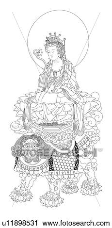 Clip Art - Manjusri, a bodhisattva associated with wisdom and awareness in Buddhism, sitting on a lotus throne upon a lion. Fotosearch