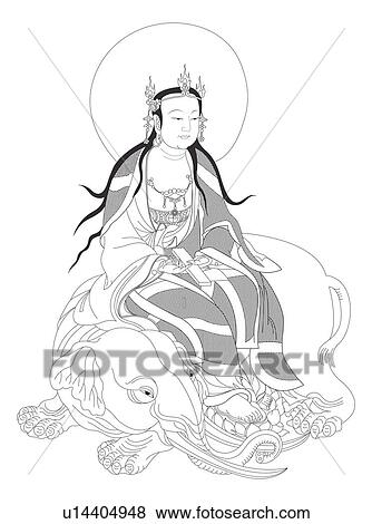Stock Illustration - Samantabhadra, Lord of the Truth in Buddhism, seated on a white elephant. Fotosearch