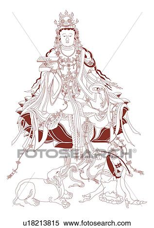 Stock Illustration - The Samantabhadra sitting on a lotus, with a lotus attendant and a white elephant at his feet. Fotosearch
