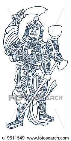 Stock Illustration - Warrior holding a sword and an axe. Fotosearch