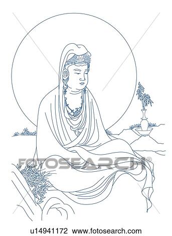White-robed Guan Yin with a nimbus around her head View Large Illustration Drawing - White-robed Guan Yin with a nimbus around her head. Fotosearch