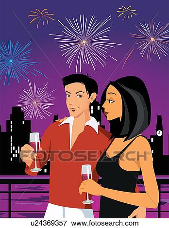 Stock Illustration - A couple outdoors watching fireworks. Fotosearch