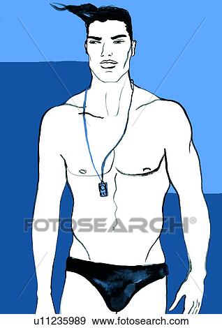 Stock Illustration - Bare chested man with mp3 player around neck. Fotosearch
