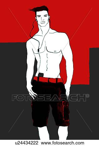 Drawing - Bare chested young man with mp3 player around neck. Fotosearch