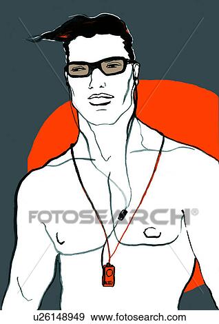 Stock Illustration - Bare chested young man with mp3 player. Fotosearch