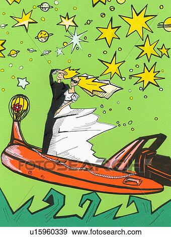 Stock Illustration - Bride and groom on a speedboat. Fotosearch