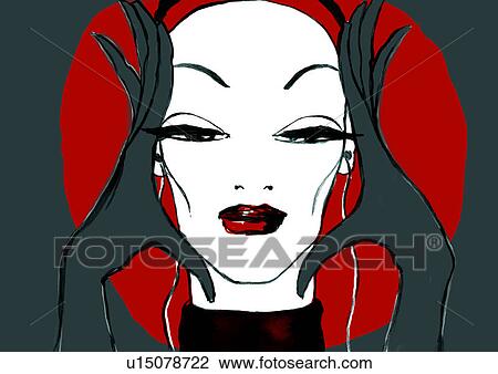 Closeup of woman with earphones View Large Illustration Drawing - Closeup of woman with earphones. Fotosearch