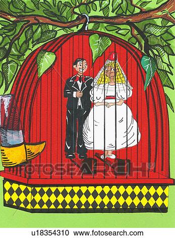 Clipart - Couple getting married in a bird cage. Fotosearch