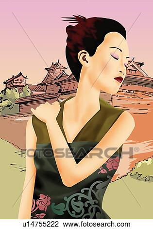 Drawing - Front view of a Chinese woman stretching her neck. Fotosearch
