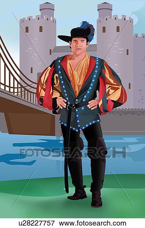 Front view of a European man standing by the castle View Large Illustration Stock Illustration - Front view of a European man standing by the castle. Fotosearch