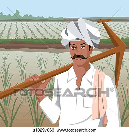 Drawing - Front view of a farmer holding plow. Fotosearch