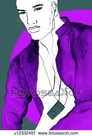 Stock Illustration - Handsome young man with mp3 player around neck. Fotosearch