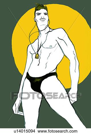 Stock Illustration - Man in bathing suit with mp3 player. Fotosearch