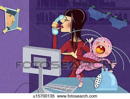 Stock Illustration - Mother with crying baby looking at fathers photo. Fotosearch