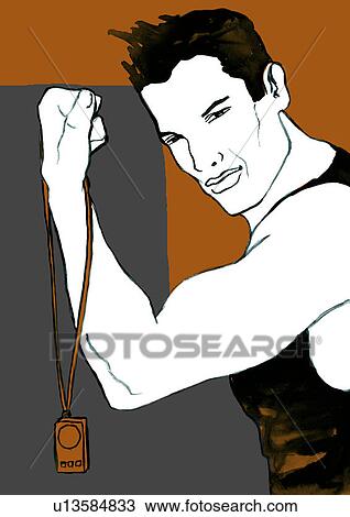 Muscular man holding camera View Large Illustration Drawing - Muscular man holding camera. Fotosearch
