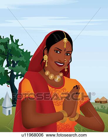 Stock Illustration - Smiling Indian woman joining hands as a welcoming gesture. Fotosearch