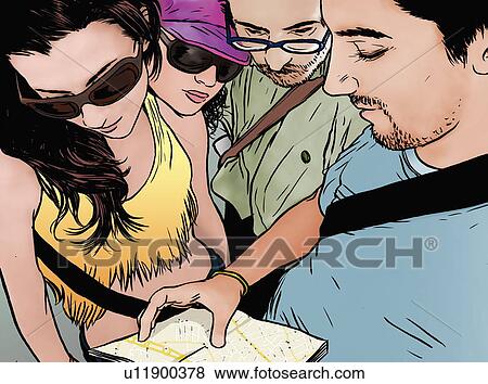Stock Illustration - Two couples looking at map. Fotosearch